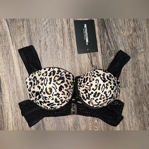 NWT PrettyLittleThing Black Leopard Print Mesh Bikini Bra Top & Bottoms Swim Set